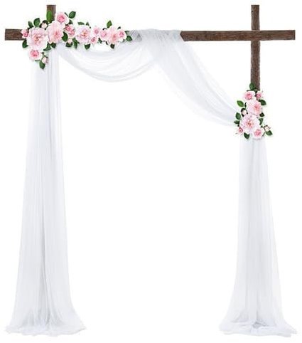 Querbehang Freihanddeko 75x800 cm Hochzeitsbogen Vorhang mit 22m Satinband Hochzeit Vorhang Hochzeitsbogen Weiß Querbehang Transparente Tüll für Fotografie Party Traubogen Hochzeit