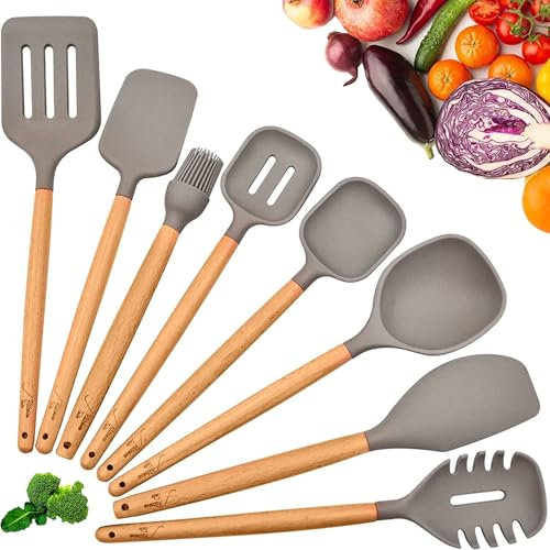 Cross Connection: Kitchen Utensils Set, 8 PCS Silicone Cooking Utensil Set with Wooden Handle, Heat-Resistant, Food-Grade BPA-Free Cooking Utensils, Complete Kitchen Utensils Set
