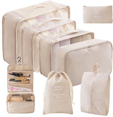 Packing Cubes Koffer Organizer Set 8-teilig – Wasserdichte Packwürfel & Kleidertaschen – Reise Organizer für Koffer mit Kosmetiktasche, Schuhbeutel & Kabeltasche (Beige)