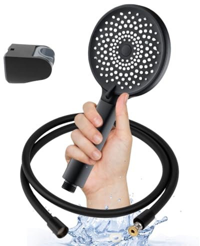 YOSSEE Pommeau de Douche Noir Haute Pression avec Tuyau Anti-Torsion 1,5M – Douchette Universelle 3 Modes de Jet, Support Réglable, Flexible Durable et Résistant, Design Anti-Fuite
