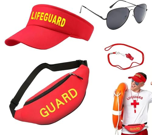Sandlot Lifeguard Costume, Adjustable Lifeguard Outfit, Baywatch Costume Accessories, Lifeguard Costume With Whistle, Accessories With Sun Visor, Fanny Pack, Sunglasses Whistle For Halloween
