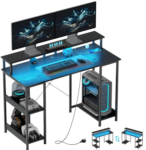 HOMCOM Computer Desk with Power Outlets and LED Lights, 120 x 50cm Reversible Home Office Desk with Monitor Stand and 2-Tier Storage Shelves, PC Table with Cable Management, Black