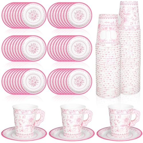 Whaline 80 tazze da tè e piattini in carta con motivo floreale rosa bianco e rosa, tazze da tè usa e getta, con manico e piatti da dessert, per matrimoni, compleanni, feste di tè primaverili