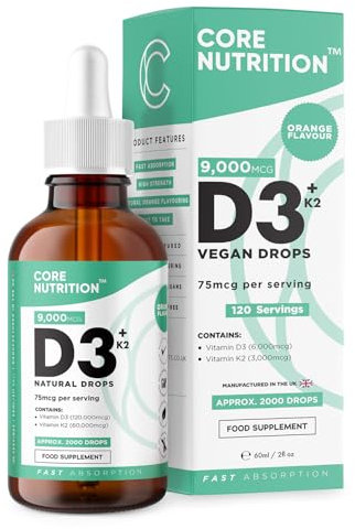 Vitamin D3 + K2 Liquid Drops by Core Nutrition - Vegan - High Strength 2000iu D3 + 25mcg K2-2 Month Supply - 120 Servings - 9,000mcg 60ml Bottle - Made in UK