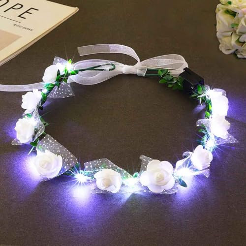 Evlry LED-Blumenkronen-Stirnband, leuchtender Blumen-Haarkranz, Stirnbänder, Festival-Party-Kopfschmuck, Hochzeits Hochzeit, Braut-Haarschmuck für Frauen (Weiß, Einheitsgröße)
