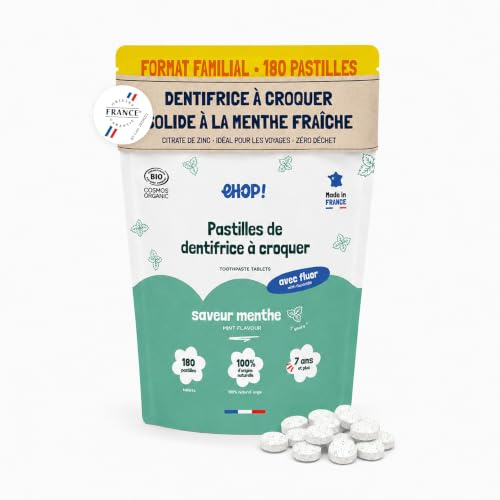 [EHOP] 180 pastillas dentífricas masticables sabor menta | Sin agua ni tubo | Económicas, sin residuos | Hechas en Francia | Ideales para viajar