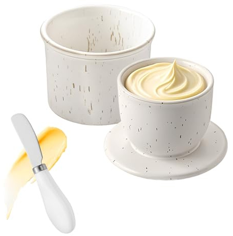Round Butter Dish with Lid, French Butter with Knife for Soft Butter, Ceramic Butter Crock with Waterline - Porcelain Butter Dish - Dishwasher Safe ( Off-White )