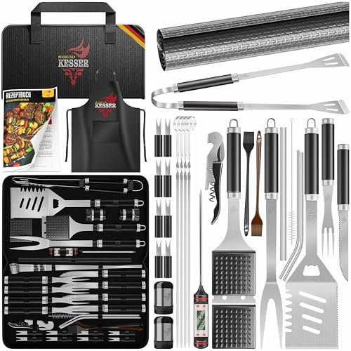 KESSER® Grillbesteck Set 37-teilig Grillzubehör aus rostfreiem Edelstahl Grillset mit Grillzange, Grillwender, 4in1 Grillspatel, Grillgabel, Grill-Spieß, Thermometer, Korkenzieher, Grillmatte & Tasche