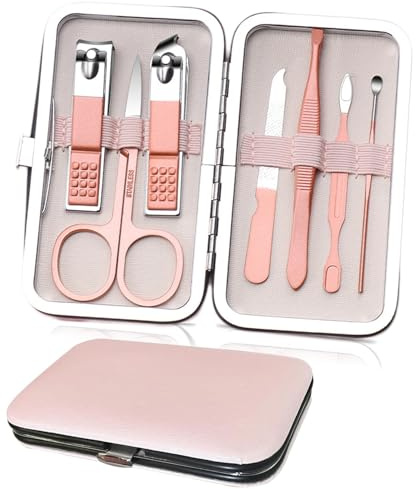 Didiseen Manicure Set 7 Pcs, Nail Clippers Kit Stainless Steel for Travel | Pedicure Tools, Eyebrow Scissors, Ear Picks, Tweezers, 7 Pcs, Push Button PU Case