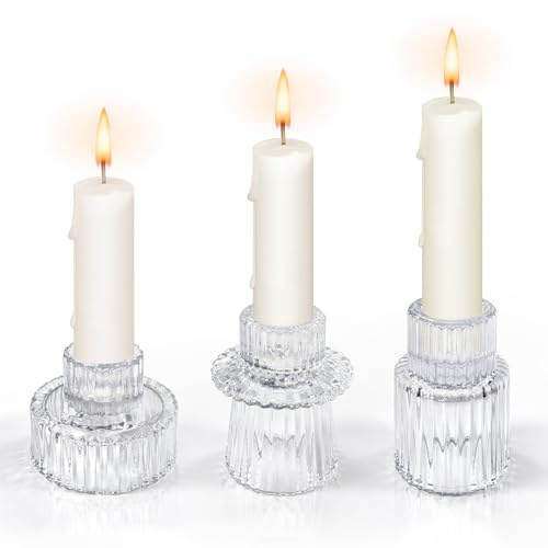 3 Piezas Candelabro Vidrio,Portavelas de Cristal para Velas y Tealight Velas,Candelabros Vidrio para Mesa Navidad Fiesta Boda Decorativos (Transparente)