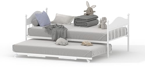 Daybed with Trundle, Metal Twin Size Day Bed with Stylish Headboard, Sofa BedFrame with Pop Up Foldable Trundle Bed, Heavy Duty Steel Slats Platform for Living Room, Bedroom and Guest Room, White