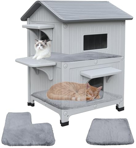 Cuccia per gatti outdoor con tappetino, casetta per gatti a 2 piani in plastica per esterni, rifugio per gatti resistente agli agenti atmosferici con porta di fuga