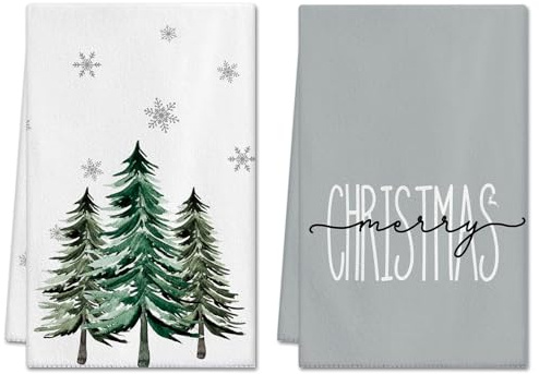 Artscope 2 Stück Weihnachtsmuster Küchentücher 45x66cm für Küche Bar Geschirrtücher Christmas Handtücher Weihnachtsbaum und Schneeflocken Trockentuch (Grau)