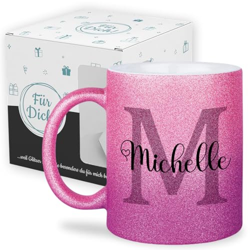 glitzertassen.de® | Namenstasse mit Buchstabe | Tasse mit Namen | Personalisiert | Kaffeebecher | Geschenkidee für Frauen & Mädchen, Kinder, Glitzertasse (Roséviolett mit Geschenkkarton Glitzer)