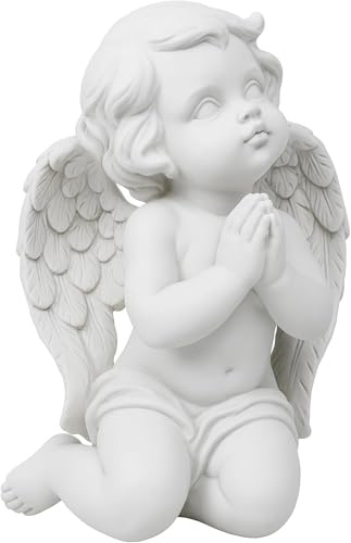 Praying Angel Figurine 20cm – White Resin Kneeling Angel Ornament with Detailed Wings – Memorial Tribute Statue for Home, Grave Decoration, Sympathy & Remembrance Decor JR1484