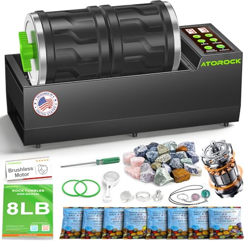 AtoRock A1 Pro Brushless Rock Tumbler Kit - Double Barrel for Large 8LB Capacity, Adjustable Speed & Timer, Durable Metal Base for Adults & Rock Collectors – Includes Full Accessories