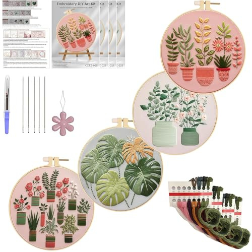 Bafutayawa Embroidery Kits, 4 Pcs Sticken Set Erwachsene, Stickset Für Anfänger Mit Floral Stickbilder, Kreatives DIY Bastelset Für Erwachsene