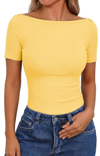 Aottori Magliatta Donna Manica Corta Estive Elegante Maglia Scollo a Barca Costine Tee Shirt Elasticizzata Leggero Moda Sottogiacca Morbido Giallo XXL