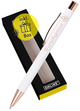 Online Personalisierter Kugelschreiber mit Gravur Soft Metal White Rosegold in Geschenkbox I Softtouch Feeling I auswechselbare Großraum-Mine I Schreibfarbe blau I Aluminium I persönliches Geschenk