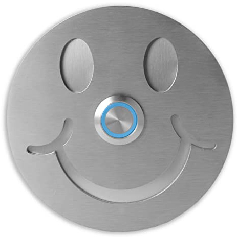 Jung Edelstahl Design - Lustige Edelstahl Türklingel Smiley Klingelschild rund 10x10cm Klingeltaster mit LED Klingelplatte V2a Edelstahl geschliffen Smilie Klingel Haustür (blau)