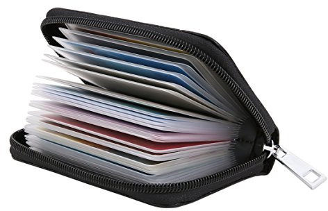 Easyoulife Genuine Leather Credit Card Holder Zipper Wallet With 26 Card Slots (Black)