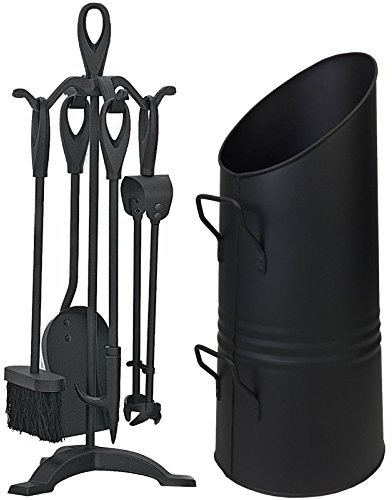 Simpa® 20 Large Black Coal Scuttle Hod Bucket Fireside Fuel Heavy Duty Metal Hod Fire Side with 5 Piece Cast Iron Companion Set