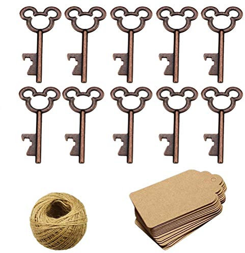 XONOR 50 abrebotellas de llave de esqueleto vintage con 50 etiquetas de tarjeta de escolta y cordel para recuerdos de boda, fiesta, decoración rústica (cobre)