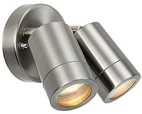 National Lighting IP44 Rated Outdoor Twin Spotlights, Brushed Stainless Steel Adjustable Tilt Outside Lights, Mains Powered Security Spot Lights, 2X 7W 240V LED GU10 (Not Included)