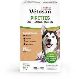 Clément Thékan - Vétosan Pipettes Antiparasitaires - Moyens et Grands Chiens - À l'extrait de pyrèthre et d'huile Essentielle de lavandin - 2 pipettes