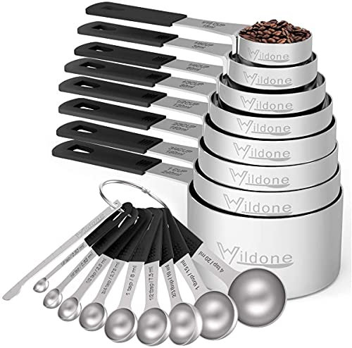 Juego de 18 tazas medidoras y cucharas medidoras de acero inoxidable Wildone 8 piezas y 9 cucharas medidoras, 1 nivelador, ideal para ingredientes secos y líquidos (negro)