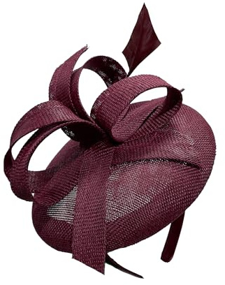 Caprilite Sinamay Fabric Pillbox Hat Headband Abstract Loops Structure One Long Feather Fascinator Ascot Hatinator Races UK (Burgundy Wine Red)