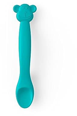 Suavinex, Cuchara de Silicona para Bebés +4 meses, Cuchara de Aprendizaje Flexible con Mango Largo. Cuchara Suave y Blanda para Encías Sensibles. Apta para lavavajillas. Diseño Mono, Verde
