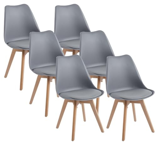 DEWINNER Sedie da sala da pranzo scandinave, sedia da ufficio retrò, seduta imbottita in faggio massiccio (Grigio, confezione da 6)