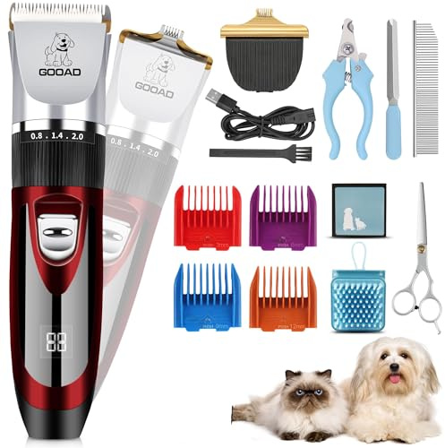 GOOAD Hundepflege-Haarschneidemaschine, geräuscharm, USB, wiederaufladbar, kabellos, elektrisch, leise, Hunde-Nagelknipser, Tierhaarschneider, Rasierer, Schere, für Hunde und Katzen (rot)