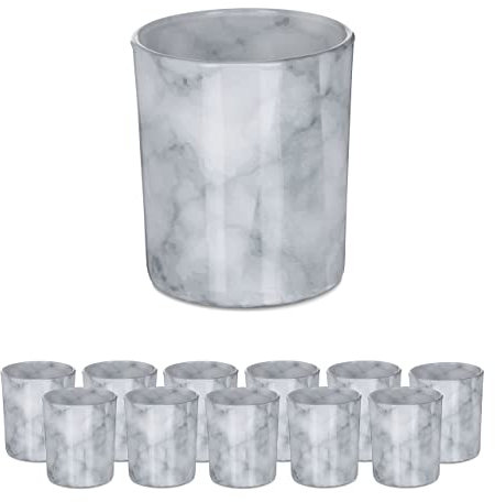 Relaxdays Set 12 Portavelas Vidrio, Efecto Mármol, Vasos Porta Velas Cristal, 8,5 x 7 cm, Decoración Centro Mesa, Gris