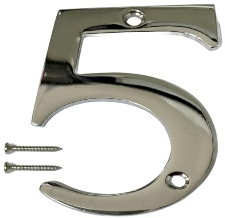 Chrome Door Numbers Screw On 3 Inch Number 5 with Screws | Polished chrome Number 5 door numeral with two matching screws for suitable wooden, uPVC and composite doors.