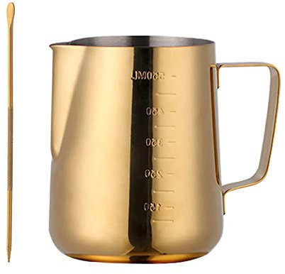 BISDARUN Brocche per latte da 550 ml, per cappuccino, latte, caffè, caffè, caffè, caffè espresso, barista, in acciaio inox, con penna decorativa, oro