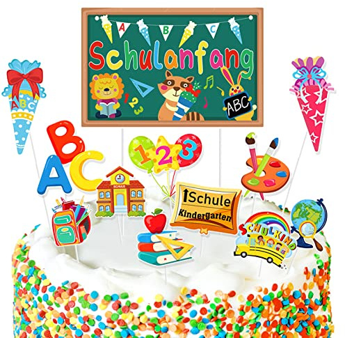 DPKOW 23Stk Schulanfang Kuchen Topper Cupcake Dekorationen für Einschulung Tortendeko Schuleinführung Kuchen Dekorationen Schule Zuckertüte für Mädchen Junge 1. Schultag Schulanfang Party Deko