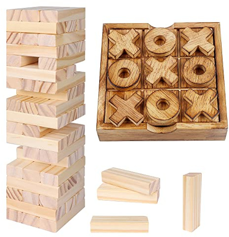 Glintoper Tic Tac Toe & Tumble Tower Blocks Tables Game Set, Classic Wood Stacking Game & XOXO Board Games for Kids Family, Living Room Rustic Coffee Table Decor, Travel Strategy Board Games