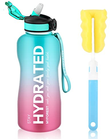 MYFOREST Sports Water Bottle, Time Marker for Motivational Hydration, Drop-proof, BPA-free, Wide Mouth for Easy Clean: Cold/Hot/Carbonated/Cider (2.2 L Cyan-pink, 2200 ml)