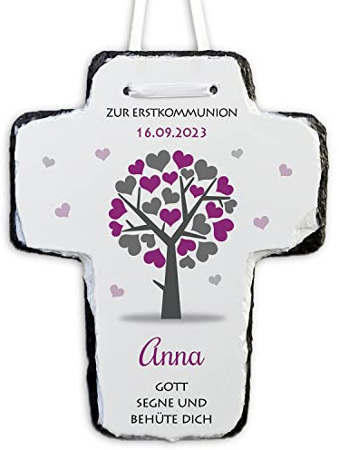 Feenstaub Personalisiertes Kreuz für Erstkommunion, Geschenk zur Kommunion, Schieferkreuz bedruckt, Kinderkreuz Kommunion, Geschenkidee ersten heiligen Kommunion, Baum
