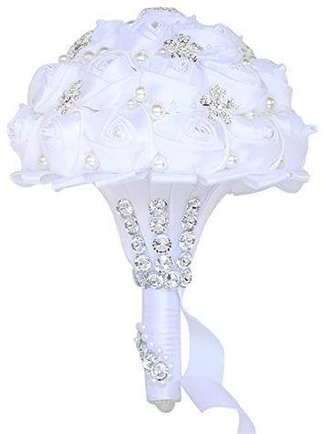 Jellybro Bouquet da sposa fatto a mano per sposa e damigella d'onore, con rose artificiali in raso, bouquet da sposa per cerimonia nuziale e anniversario (bianco, 38 cm)