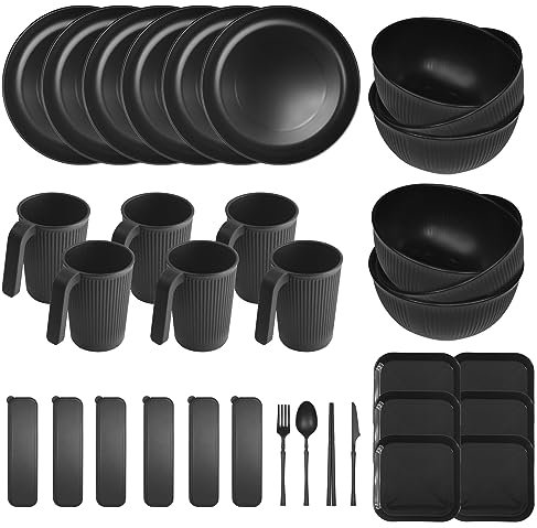 YEEBECA 67-Teiliges Geschirr-Set für 6 Personen, BPA-Freies Schwarzes Outdoor Set für Familienessen, Picknick und Camping