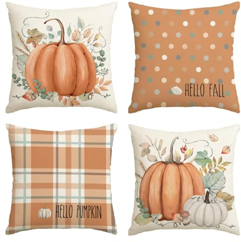 Artoid Mode Orange Eukalyptus Blätter Streifen Kürbisse Herbst Kissenbezüge 4er Set, 45x45 cm Zierkissenbezug Cushion Cover Couch Wohnzimmer Deko