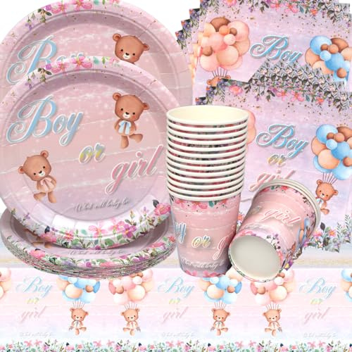 Gender Reveal Stoviglie per Feste,Doyomtoy 53 Pezzi Compleanno Decorazioni Boy or Girl Baby Shower Piatti, Tazze, Tovaglioli per Forniture Feste Baby Shower