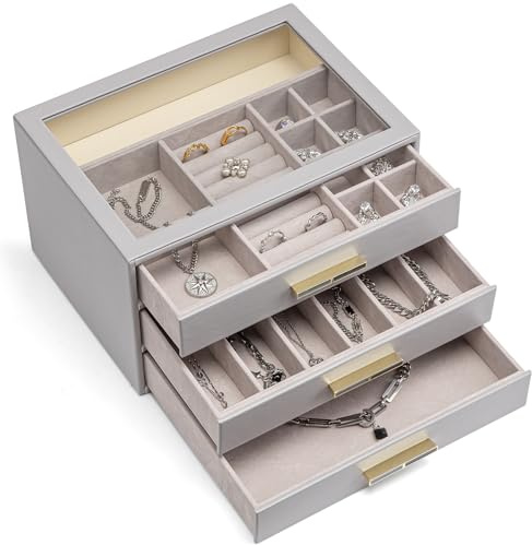 Vlando Schmuckkästchen - Ästhetischer Schmuck Organizer mit 3 Ebenen - Personalisierter Schmuckkasten，Jewelry Organizer mit Glasdeckel, Schmuckaufbewahrung Groß, Geschenk für Frauen