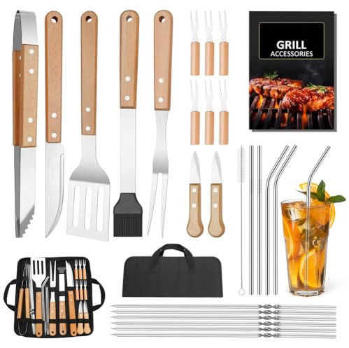 BBQ Grillbesteck Tool Set, 28-teiliges Grill Zubehör Geschenk für Herren Geburtstag mit Grillmatte, Grillutensilien, Grill-Werkzeug-Set für Garten und Camping für Männer und Frauen