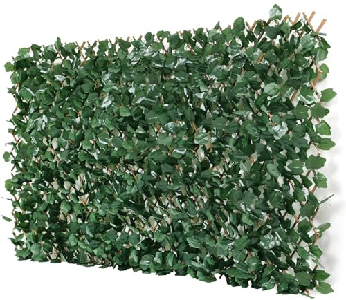 Erweiterbarer Gitterzaun 100x200cm flexibel ausziehbar aus Weide mit künstlichem Blattwerk aus Ahornblätter, Sichtschutz Zaun und Dekoration für Wohnzimmer, Garten, Balkon und Terrasse