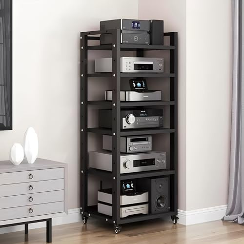 SRNSAEB HiFi Rack HiFi Regal Audio-Geräte-Rack-Schrank auf Rädern, 4, 5, 6, 7 Etagen, Robustes DVD-Speichermedien-Regal, HiFi-Racks für Zuhause, schwarz/weiß, moderner Audio-Rack-Tower(Black,6-Tier)