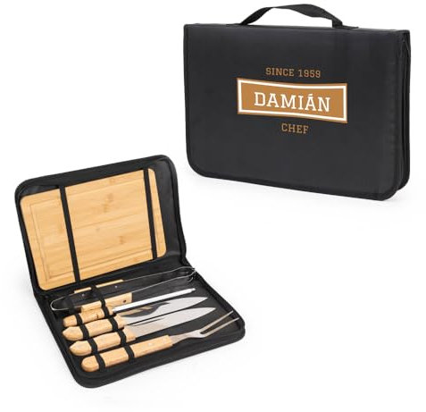 Wanapix | Set per Barbecue Personalizzato | Include 6 Accessori (2 coltelli, Affilatore, Trinciatrice, Pinzette, Tavola) | Custodia Personalizzata con Nome e Testo | Professione